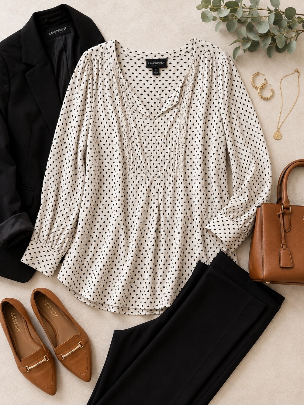 Lane Bryant Ivory and Black Polka Dot V-Neck Tunic